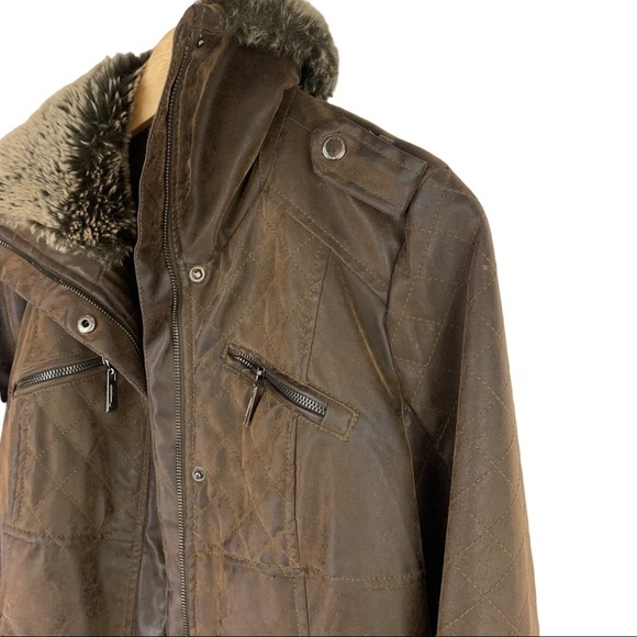 Jou Jou Faux Fur Vegan Quilted Leather Winter Jacket Brown Size Large Juniors - Picture 10 of 10